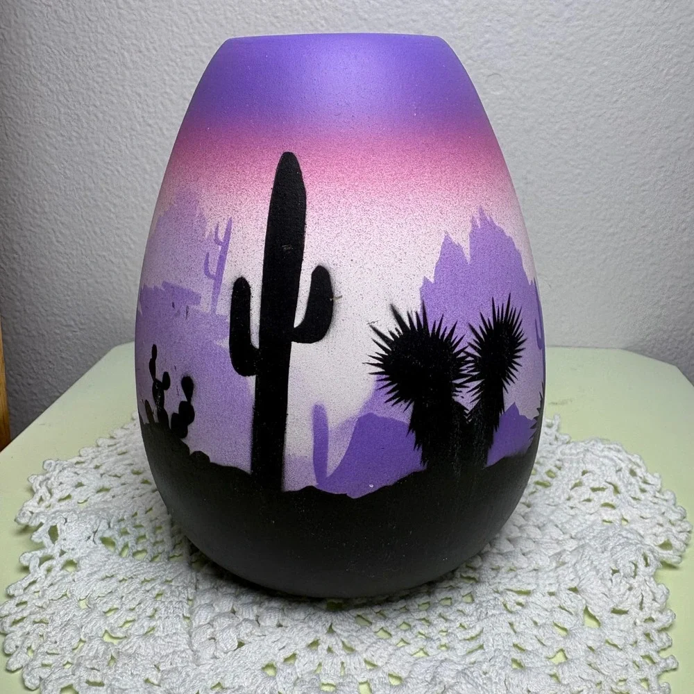 6in Purple Desert Cactus Vase Southwest Boho Hand Painted Pottery